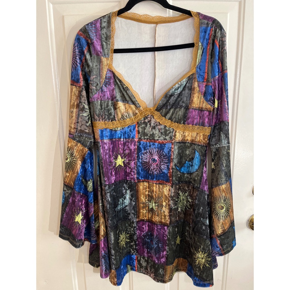 SHEIN Dress Womens L Multi Celestial Patchwork Velvet Bell Sleeve Boho Mini